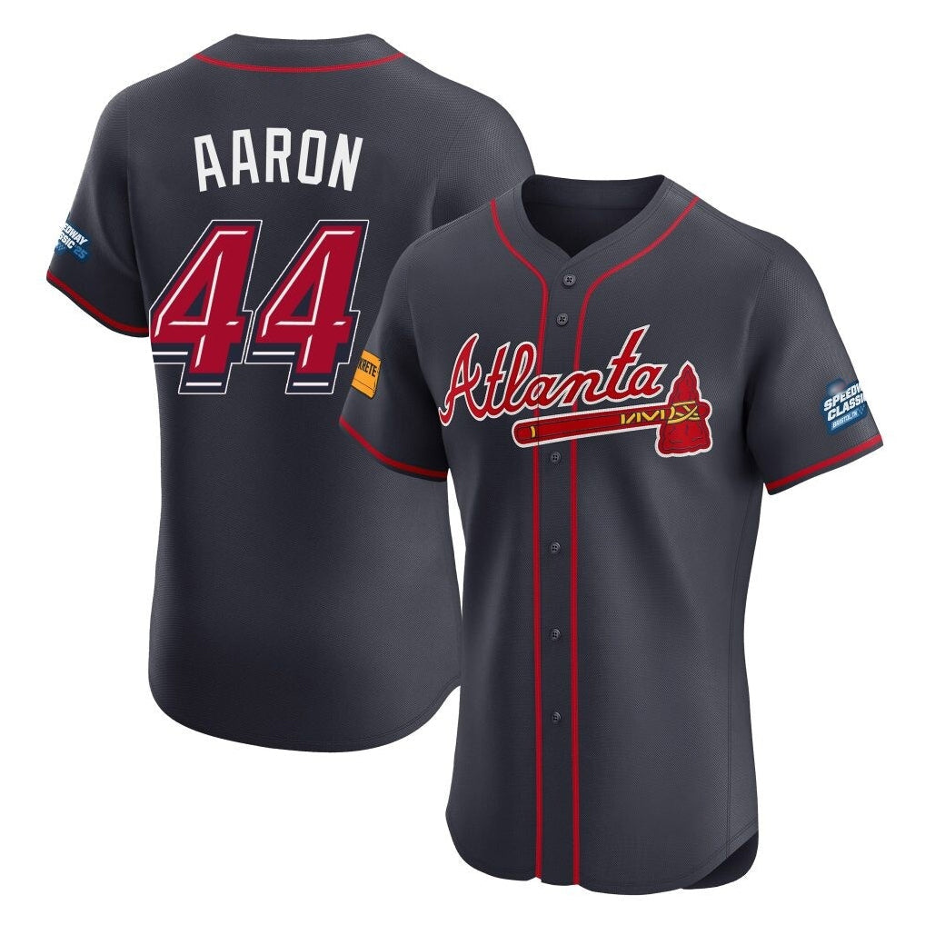 Atlanta Braves #44 Hank Aaron Player Navy 2025 Speedway Classic Limited Elite Home Game Stitched Baseball Jersey