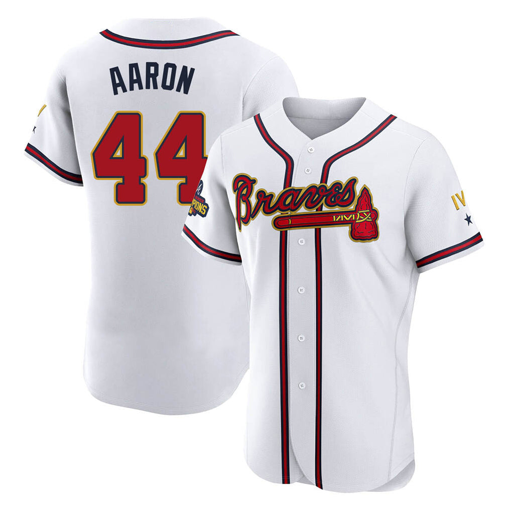 Atlanta Braves #44 Hank Aaron Player White Gold Limited Elite Home Game Stitched Baseball Jersey