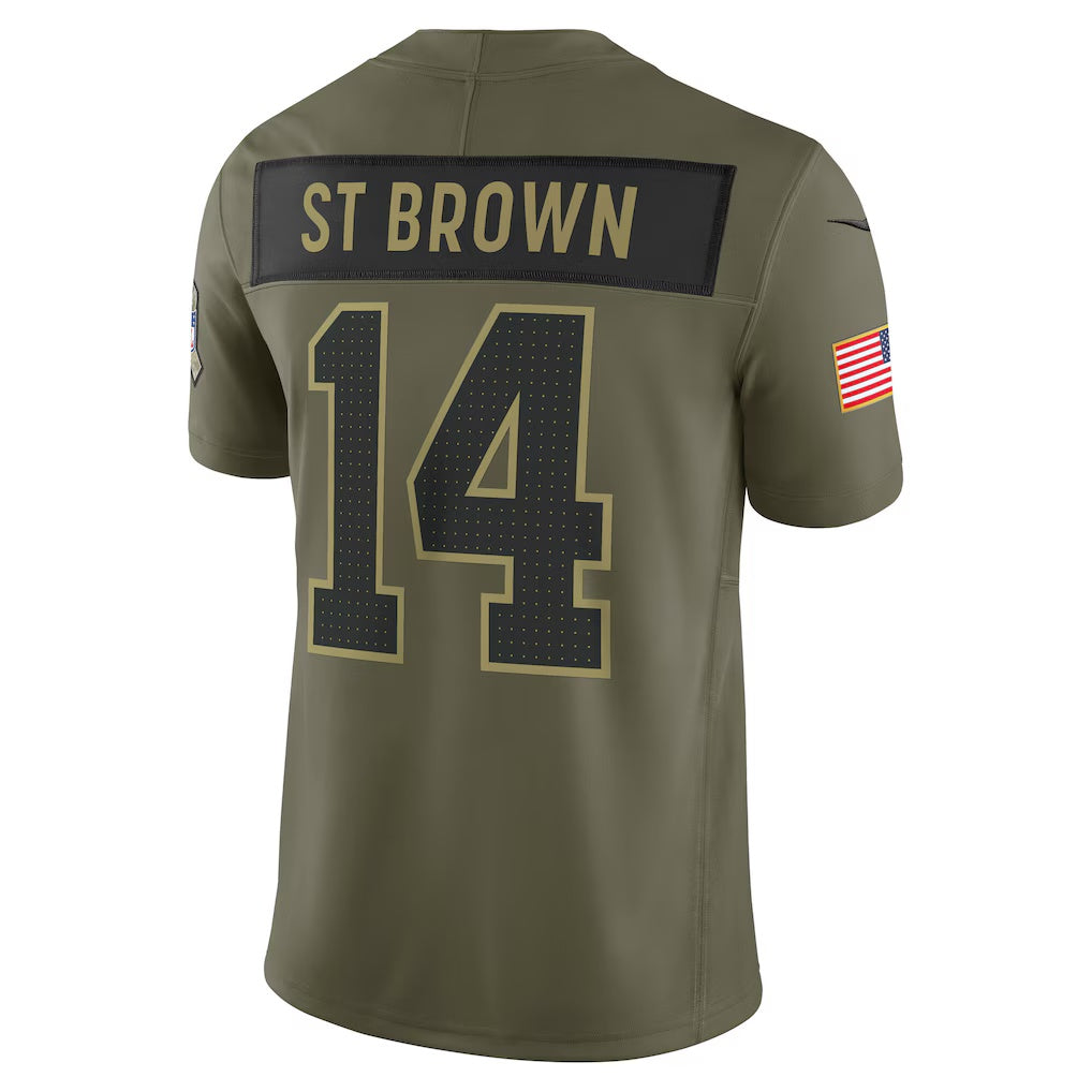 D.Lions #14 Amon-Ra St. Brown Olive 2025 Salute to Service Limited Stitched Football American Jersey
