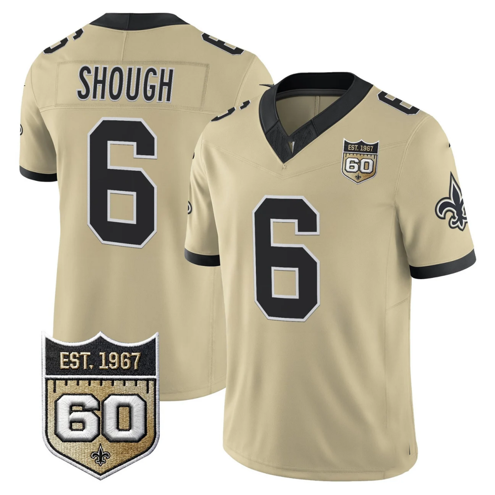 New Orleans Saints #6 Tyler Shough Gold 60th Anniversary Patch Gameday Golds Vapor Football Stitched Jersey