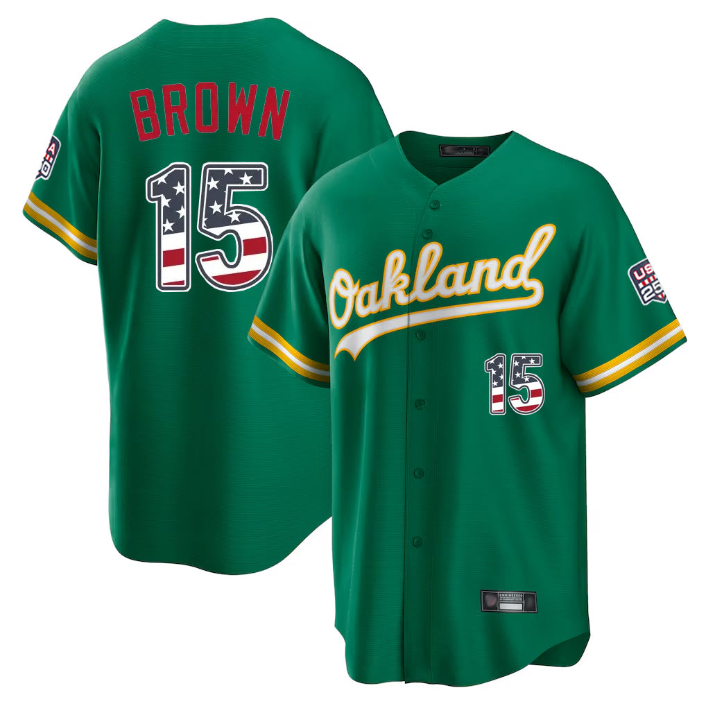 Oakland Athletics #15 Seth Brown Player Kelly Green USA 250 Fourth of July Home Game Stitched Baseball Jersey