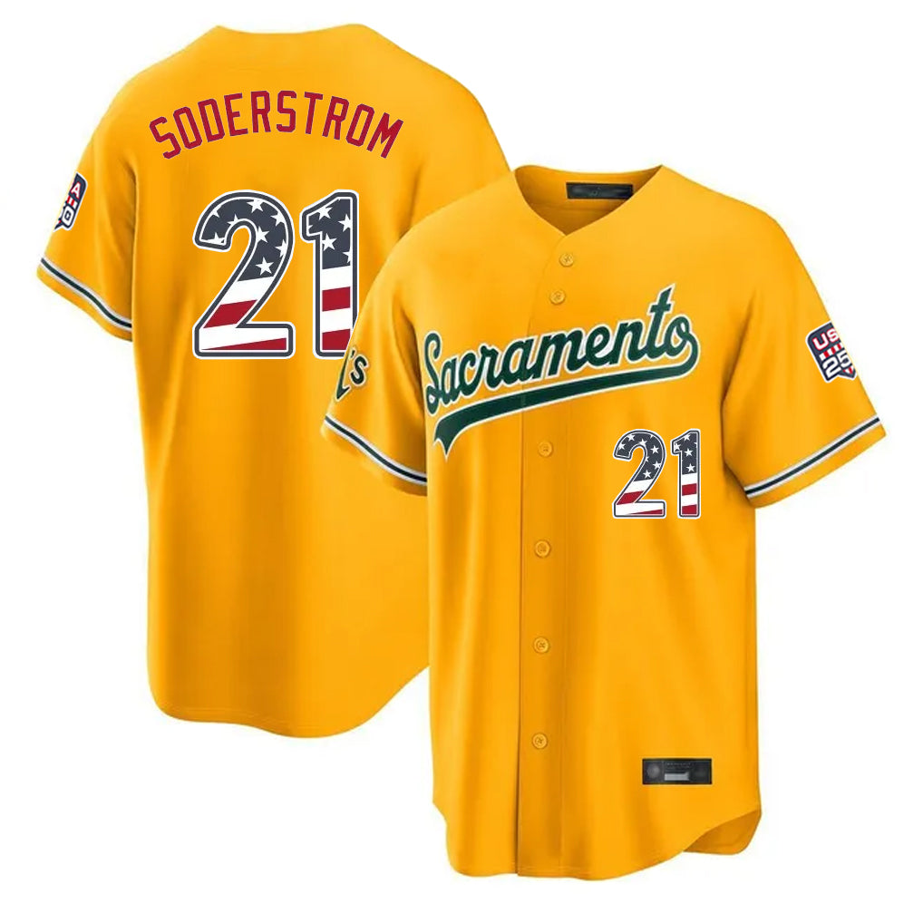 Oakland Athletics #21 Tyler Soderstrom Player Gold USA 250 Fourth of July Home Game Stitched Baseball Jersey