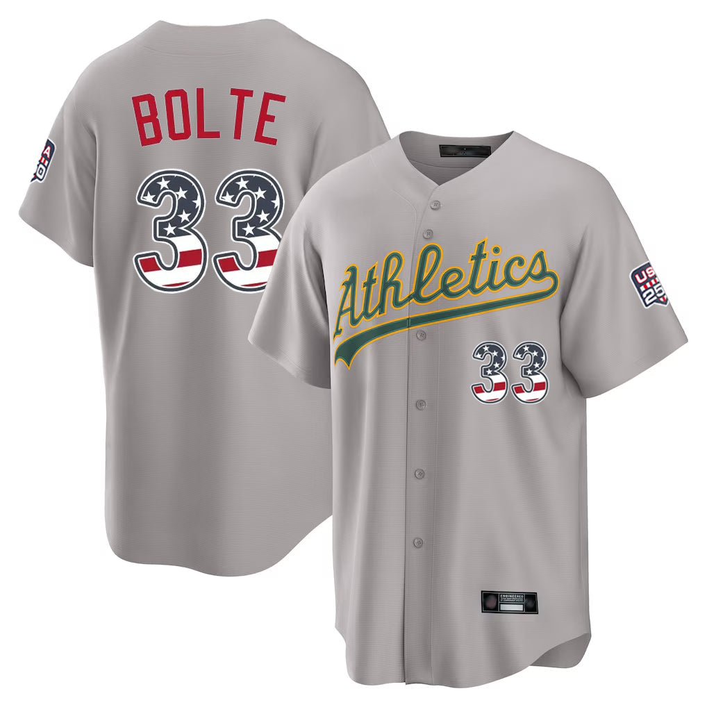 Oakland Athletics #33 Henry Bolte Player Gray USA 250 Fourth of July Home Game Stitched Baseball Jersey