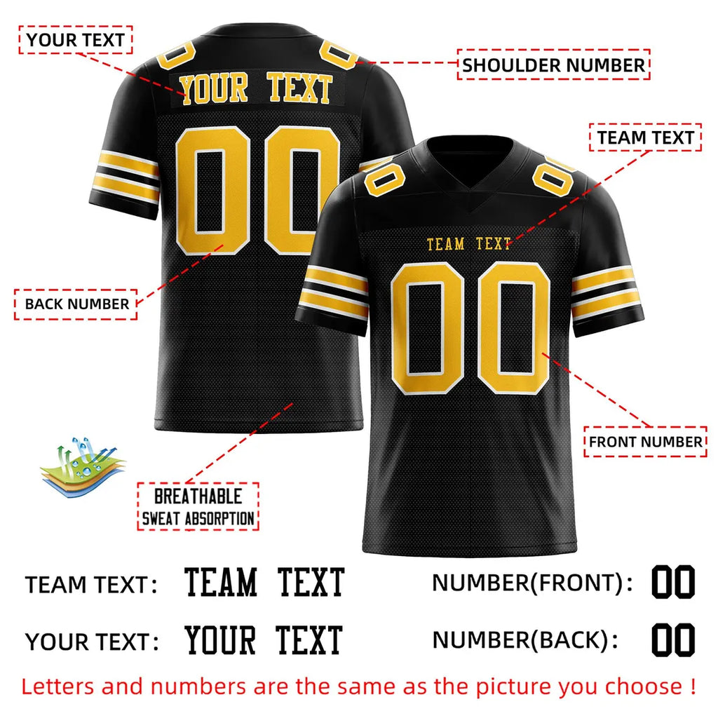 Custom American Football Jersey Personalized Stitched Name and Number Breathable Mesh Top for Team Game Sports or Work wear Black Yellow